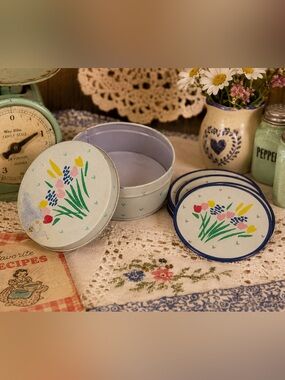 Vintage 1985 Tin Box Company Floral Coaster Set w/ Storage Tin Cottagecore